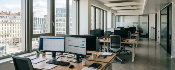Bureau financier contemporain français avec grandes fenêtres laissant entrer une lumière naturelle abondante, ambiance professionnelle et épurée