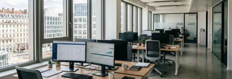 Bureau financier contemporain français avec grandes fenêtres laissant entrer une lumière naturelle abondante, ambiance professionnelle et épurée