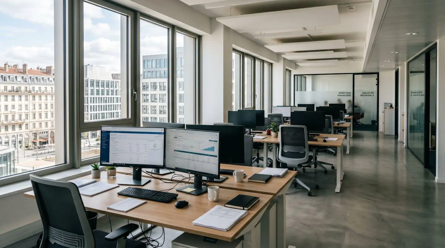 Bureau financier contemporain français avec grandes fenêtres laissant entrer une lumière naturelle abondante, ambiance professionnelle et épurée