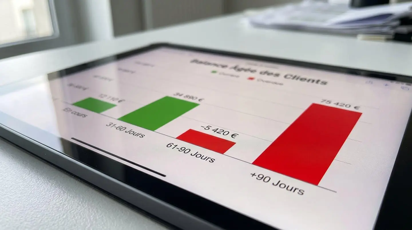 Gros plan sur graphique financier affichant analyse des créances clients par ancienneté sur écran moderne, faible profondeur de champ avec arrière-plan flouté