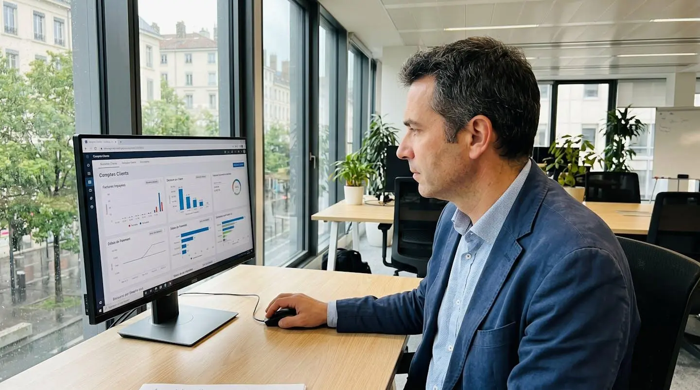Professionnel financier vu de dos consultant un tableau de bord avec métriques de créances clients sur écran d'ordinateur dans bureau français contemporain, lumière naturelle latérale