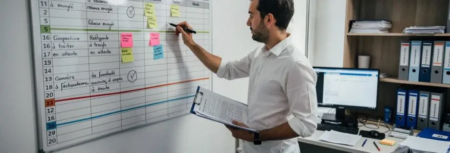 Responsable conformité consultant un planning mural avec échéances colorées dans un bureau administratif français