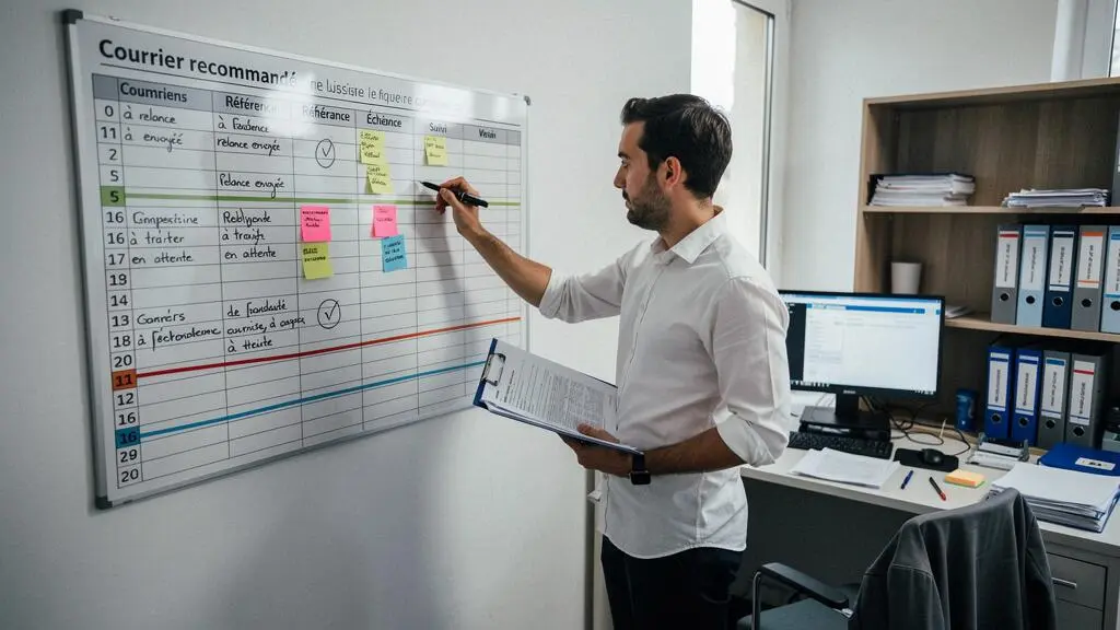 Responsable conformité consultant un planning mural avec échéances colorées dans un bureau administratif français