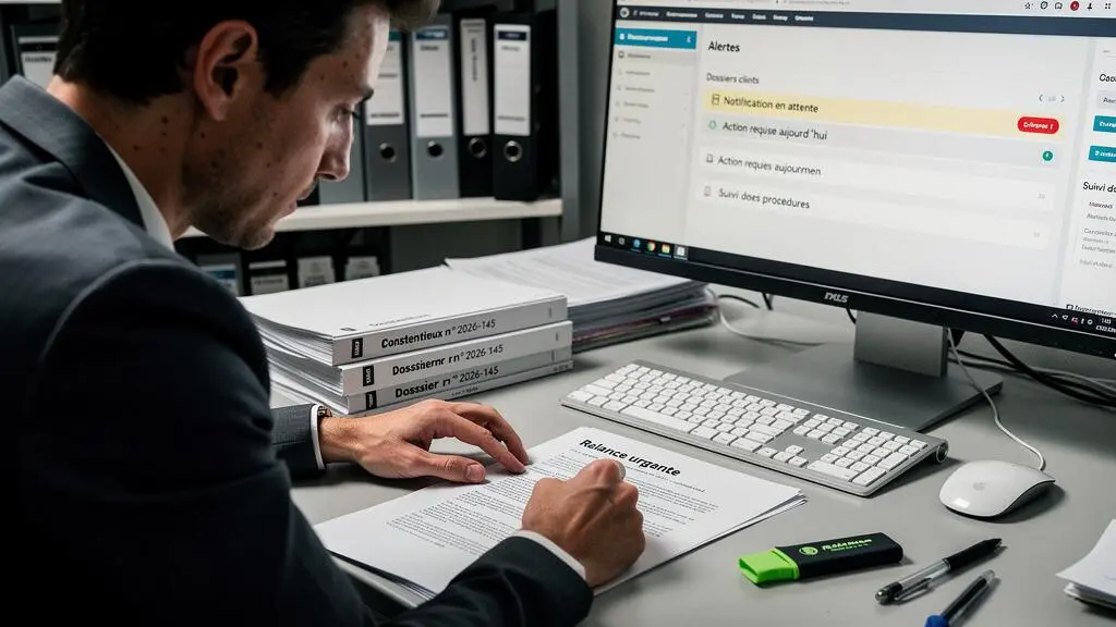 Spécialiste administratif vérifiant des alertes de suivi de dossiers nécessitant une relance dans un service juridique